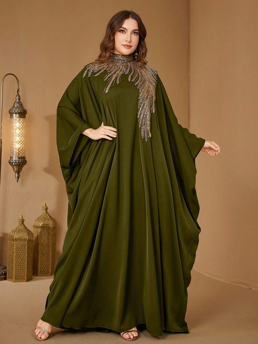 Đầm dạ hội dáng ôm thanh lịch bằng satin đính sequin cổ đứng tay cánh dơi dành cho nữ của SUPGIR - Màu xanh Ô liu - Xem 1