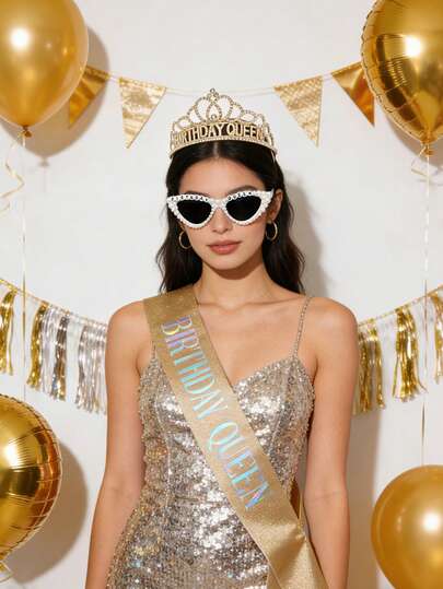 3pcs Birthday Girl Accessories Set, Including Pink Birthday Crown, Glitter Birthday Queen Belt, And Birthday Party Glasses, Suitable For Women And Girls Birthday Party Decoration