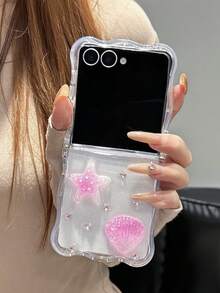 1pc Fashionable And Simple Wave Fine Glitter Gel Ocean Sea Star Shell Element Folding Phone Case, Can Protect And Prevent Falling For: SamsungGalaxy Zflip 3/Zflip 4/Zflip 5/Zflip 6/Zflip 7/Galaxy Z Flip7 FE - Clear - View 2