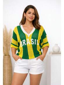 Women's Oversized Brazil World Cup Shirt Blouse In Perforated Knit With V-Neck - Màu vàng - Xem 1