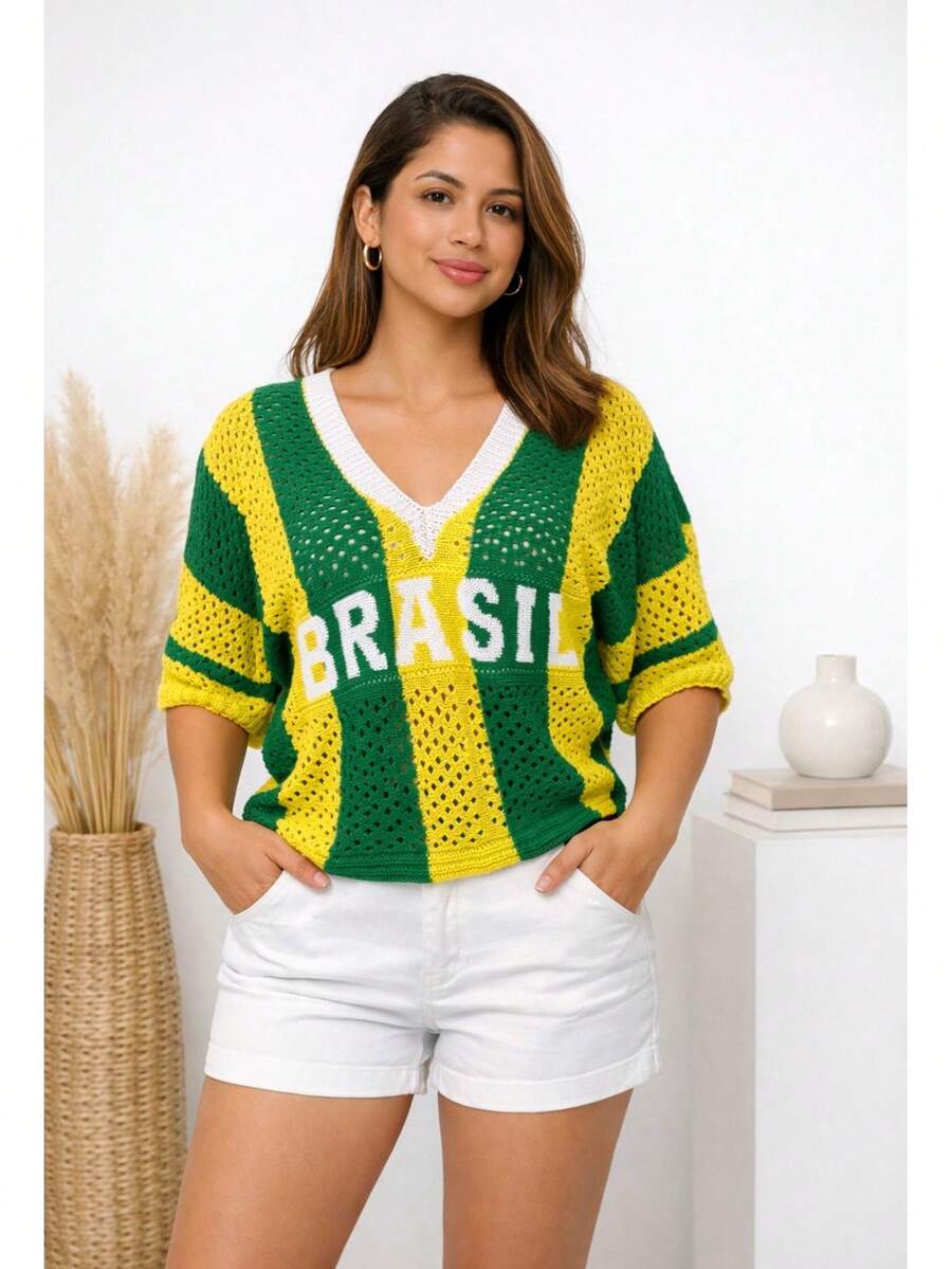 Women's Oversized Brazil World Cup Shirt Blouse In Perforated Knit With V-Neck - Màu vàng - Xem 1