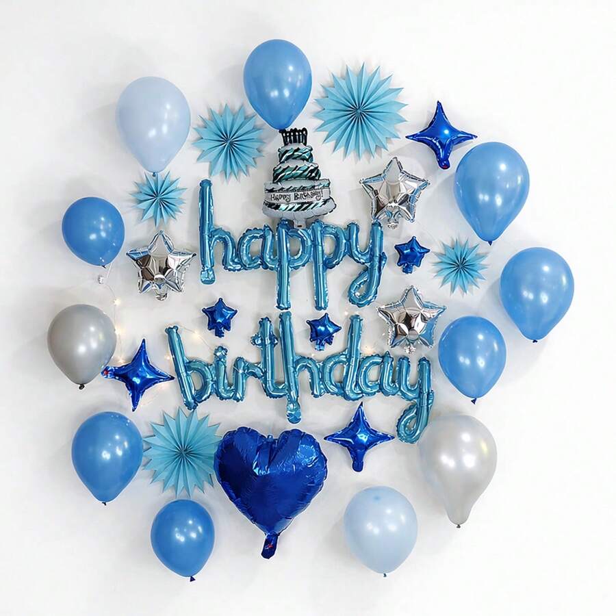 Set Of Metallic Balloons For Birthday Happy Birthday - Blue - View 1