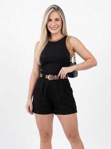 Short Set With Side Pockets And Zipper Closure, Includes Adjustable Belt + Cropped Top - Black - View 8