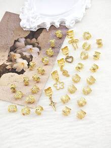 35个金色镂空花朵发圈，带蝴蝶结、音符和心形图案 - 优雅合金发饰，复古浪漫发圈，适用于可调节辫子和脏辫，爪夹 - 金色 - 查看 2