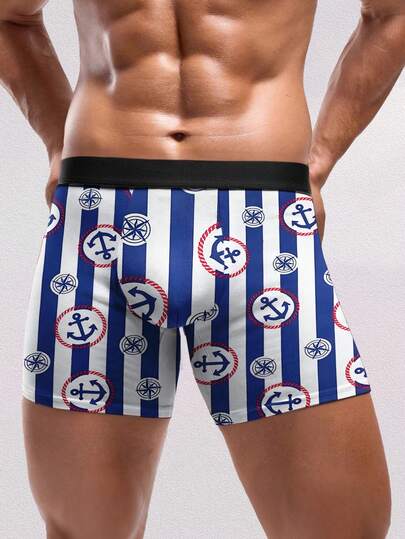 男士航海锚印花平角内裤，趣味条纹图案，舒适贴身，独特的情人节礼物、周年纪念礼物、生日礼物、结婚礼物，送给男友、老公或他的完美礼物，可爱、简约、趣味十足，健身男士的理想之选。