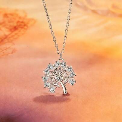 1件S925纯银蒲公英造型吊坠项链，镶嵌闪亮锆石，优雅奢华的女士珠宝，馈赠亲友的优质礼物