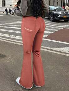 度假风女式休闲水洗毛边修身喇叭牛仔裤 春季 - 粉紅色 - 查看 5