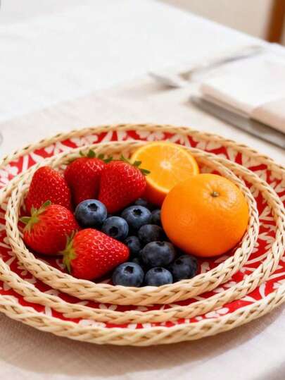 1件/3件/5件套复古彩色手工编织藤编托盘，波西米亚风格水果盘套装，客厅装饰零食收纳托盘，家居装饰，厨房收纳整理架