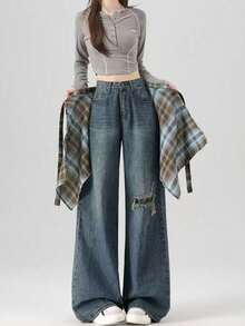 1pc Women's Dual-Tone Plaid Jumpsuit, Fashion Versatile Denim Pants With Waist Cincher, Drawstring Waistband, Suitable For Daily Wear - A - View 5