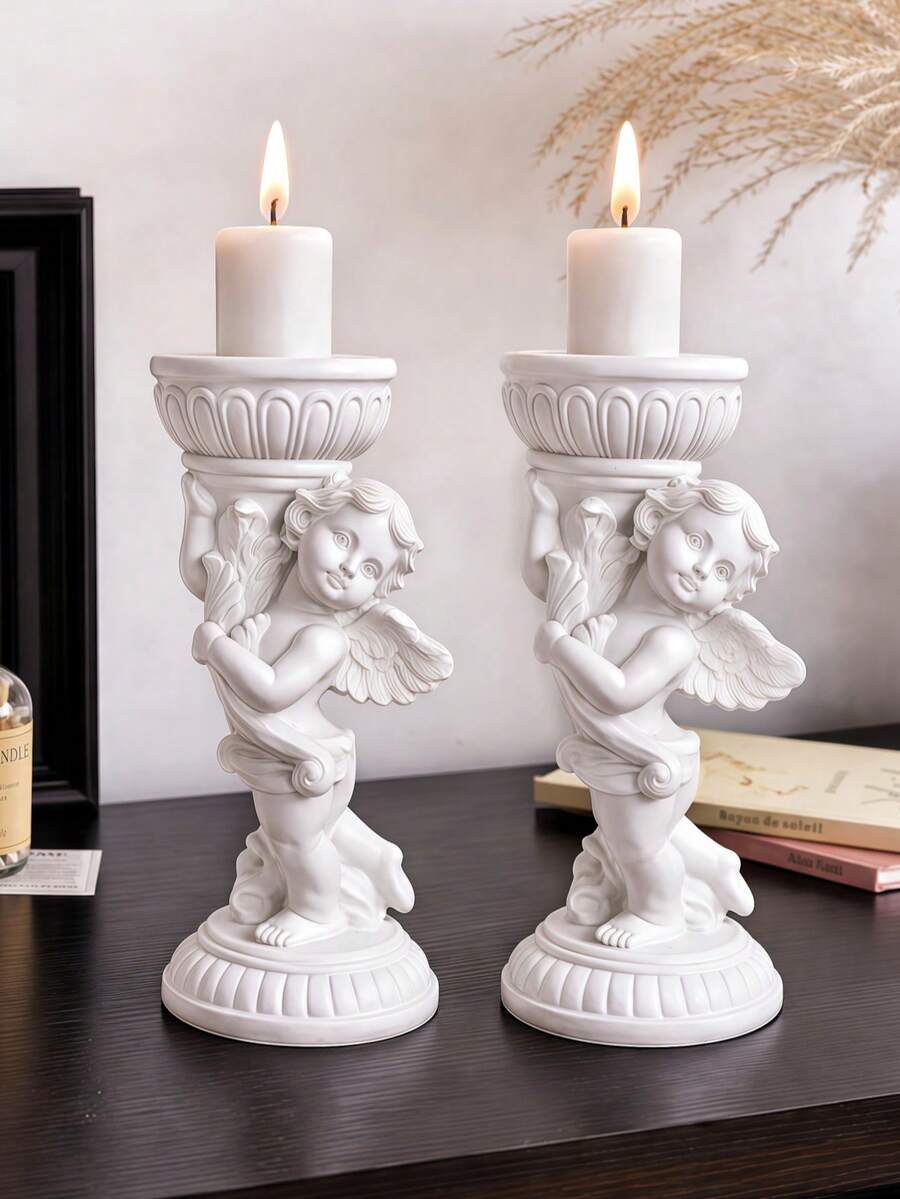 1/2pcs European Retro Angel Candle Holder, Romantic Resin Pillar Candle Stand For Candlelight Dinner, Valentine's Day Gift And Wedding Decor - Multicolor - View 1