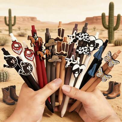 1/5/10/20 piezas Bolígrafos de gel retráctiles con botón de presión de estilo vaquero occidental retro con tinta negra, bolígrafos estéticos divertidos ideales para la oficina, la escuela y el hogar, regalo perfecto para entusiastas del vaquero