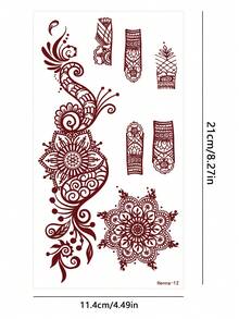 4pcs Brown, Red, Burgundy Sexy Floral Toe & Hand Henna Temporary Tattoo Stickers, Waterproof Flower Tattoo Stickers For Women, Suitable For Wedding, Party - Red - View 9