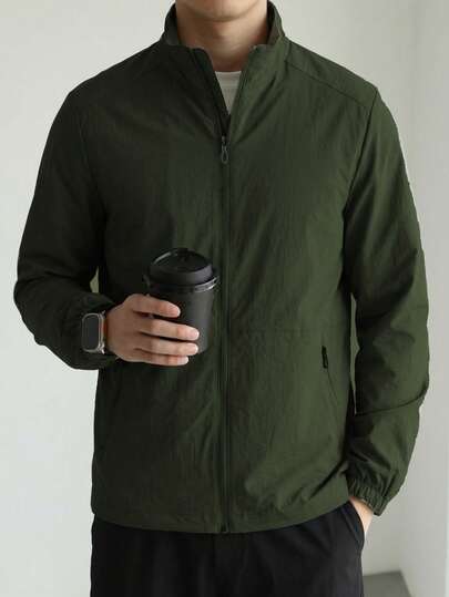 1pc Blueprint Men's Military Green Stand Collar Zip-Up Jacket, Lightweight, Pilling Resistant, Durable And Comfortable, Minimalist Mature Vintage Style Casual Outerwear, Suitable For Spring/Autumn Commuting And Daily Business Wear