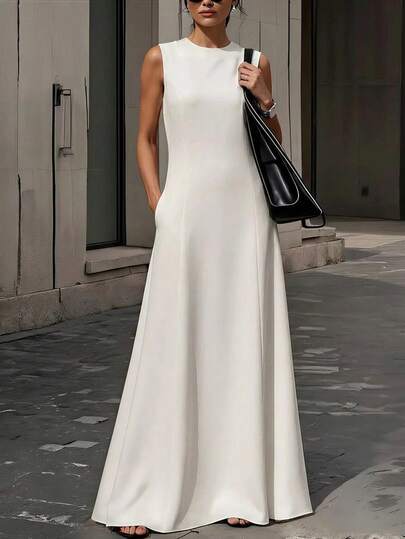 1pc Women's Solid Color Elegant Woven Fabric Cinched Waist Long Dress, Suitable For Daily Wear, Spring/Summer
