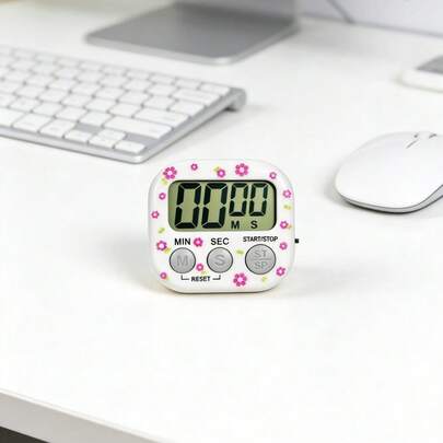 99分钟花卉图案数字厨房定时器，液晶显示屏，启动/停止，重置，磁性背衬，响亮闹铃，电池供电（随机花卉图案）