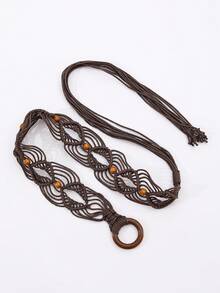 1pc Women's Retro Round Buckle Woven Wide Waist Belt, Minimalist Versatile Decoration For Dresses, Tassel Waist Chain Accessory - A - View 23