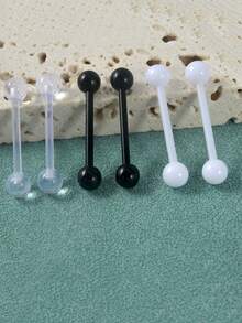 6PCS/Lot 14G Soft Tongue Barbell Ring Transparente/White/Black Barbell Acrylic Tongue Ring Nipple Piercing Jewelry - Steel - View 3