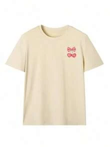 Women's Summer Valentine's Day New Simple Bow Heart Print Casual Vacation Loose Versatile Round Neck Camel Short Sleeve T-Shirt, Fashionable Everyday Top, Suitable For Daily Vacation And Valentine's Day Datewinter Clothes For Women - 杏色 - 查看 4