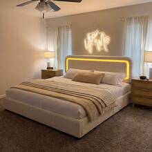 EnHomee Boucle Cloud Bed Frame With LED Lights Headboard Upholstered Bed Frame With Curved Edges Design, Anti-Collision Soft Platform Bed, Easy Assembly, Beige - Beige - View 4