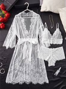 Lace Wavy Mesh See-Through Pajamas Women's Thin Long Lace Lace-Up Nightgown Underwear Set, Sexy Summer New Models, Perfectly Matched Two-Piece Tank Top Shorts And Carefully Designed Japanese Bathrobes - 白色 - 查看 2