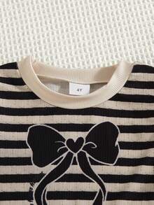 2pcs/Set Girls Casual Outing Fashion Printed Striped Bow Decor Sleeveless Top And Long Pants Set, Summer - Black - View 3