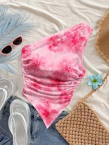 Women's Summer Allover Print Blouse, Random Asymmetric/Asymmetrical Cute Print, Suitable For Beach, Daily Wear And Vacation - Baby Pink - View 3