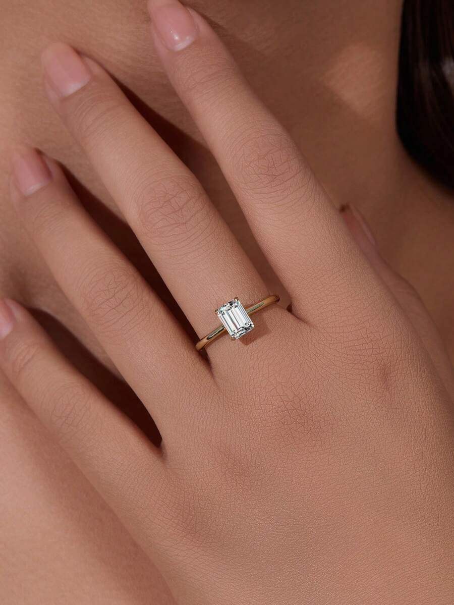 1pc S925 Sterling Silver Geometric Rectangle Cubic Zirconia Wedding Ring, Niche Design Luxury Ins Bridal Jewelry - Gold - View 1