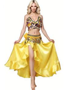 亮片吊带项链 + 飘逸短裙 + 硬币流苏腰链套装 - 肚皮舞表演节装饰套装 - 彩色 - 查看 12