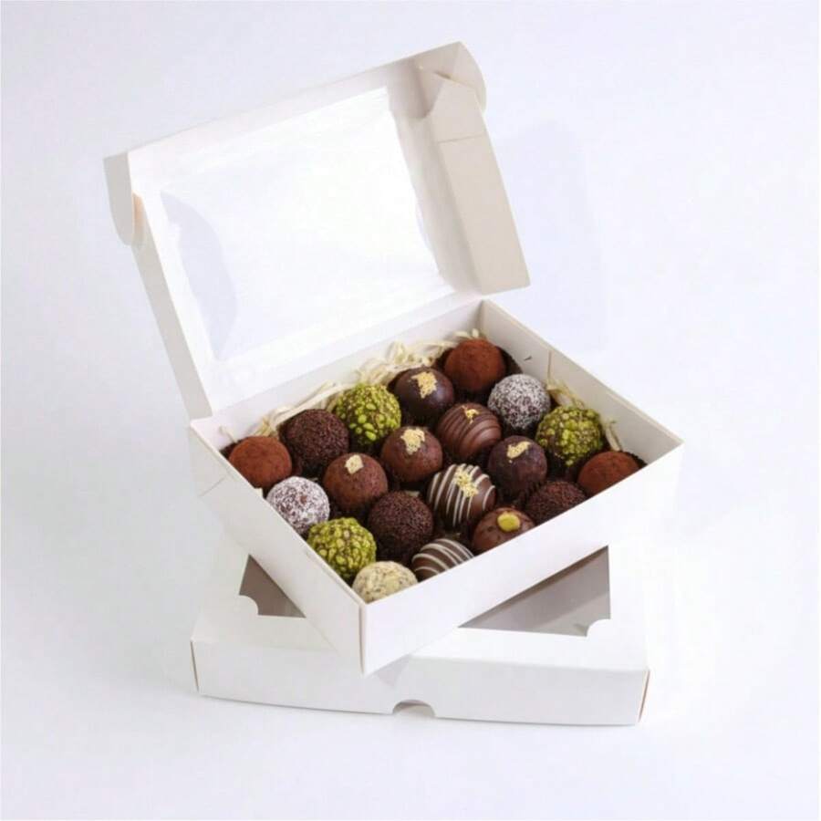 Caixas com visor transparente para doces goumert, donuts, pão de mel, trufas, bombons, sabonete artesanais e mimos,18cm, duplex 250g, cor branca embalagens 40 peças - Visão 1