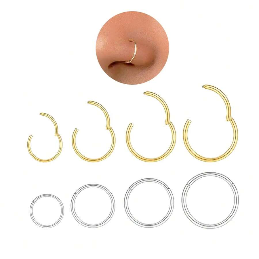 Bộ 8 khuyên mũi, unisex, thanh lịch và tinh tế, có màu vàng và bạc, làm từ thép không gỉ 316L, thiết kế dạng bản lề, phù hợp với nhiều kiểu xỏ khuyên khác nhau, là món trang sức lý tưởng cho cả nam và nữ yêu thích xỏ khuyên, cân bằng giữa tính thẩm mỹ và tính thực dụng. - Nhiều màu - Xem 1
