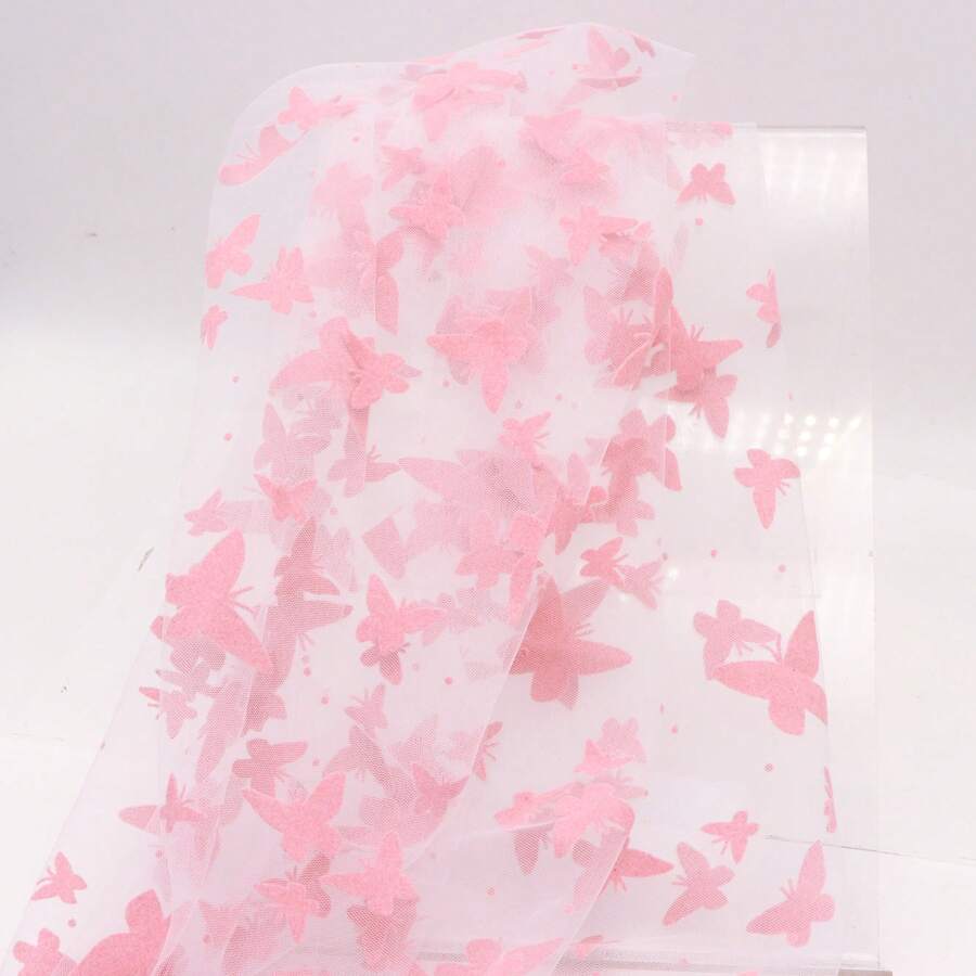 1pc Double-Sided Velvet Butterfly Pattern Plain Mesh Gauze 100% Polyester Fabric | 62.99x19.68 Inch - Pink Butterfly, Tulle Mesh With 3D Butterfly Pattern | DIY Bows, Party Capes & Photo Backdrops - Default - View 1