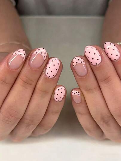 24pcs Short Oval Minimalist Pink Polka Dot Acrylic Press-On Nails, Includes 1 Nail File And 1 Jelly Gel, Suitable For Daily Wear And Festive Occasions In Spring/Summer, Nail Art Supplies