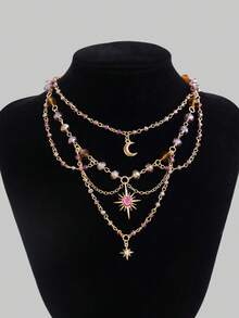 1件装时尚仿水晶月亮吊坠项链，简约不对称流苏项链，可爱多层月亮流苏项链（女士款） - 星月多層項鍊 - 查看 4