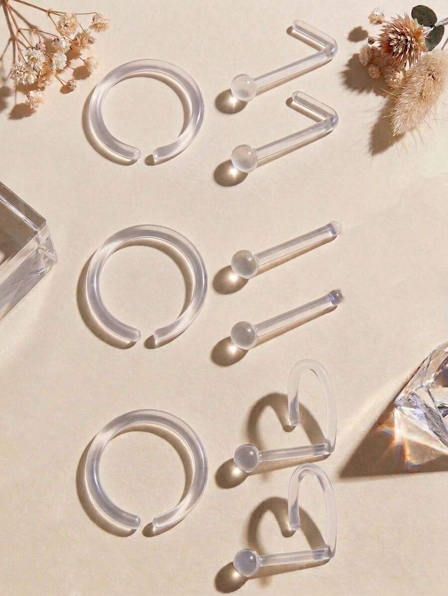 3 pièces Clous de nez en plastique décontractés de 20G, unisexe, décoration quotidienne, anneaux de nez en forme de L de 20G, anneaux de nez de perçage transparents bioélastiques, bijoux de perçage de nez en plastique flexible - Transparent - Voir 1