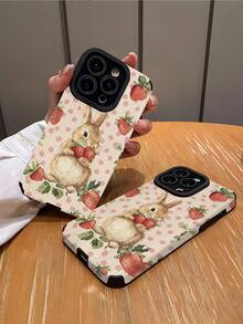 1pc Easter Limited Edition Hand-Painted Strawberry Bunny Polka Dot & Vertical Stripe Elegant Faux Leather Shockproof Anti-Fingerprint Phone Case, Suitable As Birthday/Holiday Gift For Friends, Family, Couples, Compatible With Apple And Other Models - Multicolor - View 2