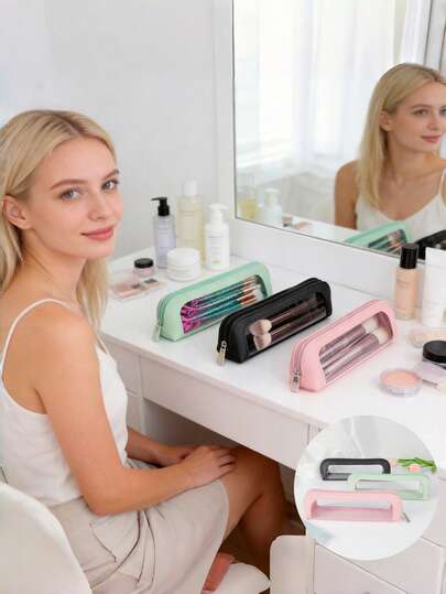 3pcs/1pc Transparent PU Makeup Brush Storage Bag, Multi-Functional Travel Organizer Pouch, Cosmetic Bag, Toiletry Bag, Perfume & Essential Oil Storage, Waterproof, Suitable For Daily Outings, Travel, Back To School Gifts, Pencil Case