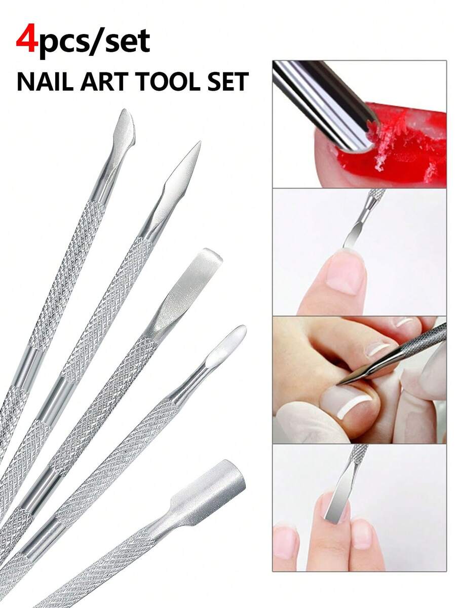 4pcs Stainless Steel Nail Pusher & Cuticle Remover Nail Care Tools, Nail Salon Manicure Tools, Back To School Essential Nail Care Tools (1 Set)