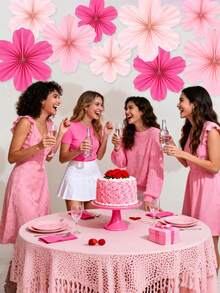 9pcs Pink Flower Paper Fans,Wall Decorations,Pink Flower Hanging Decor,Birthday,Party Background,Wedding Decorations,Engagement,Singles' Party,Flower Ball Decor, Home Living Room Bedroom Hanging Decor,Outdoor Garden Decor,Baptism Party Decorations - A - View 3