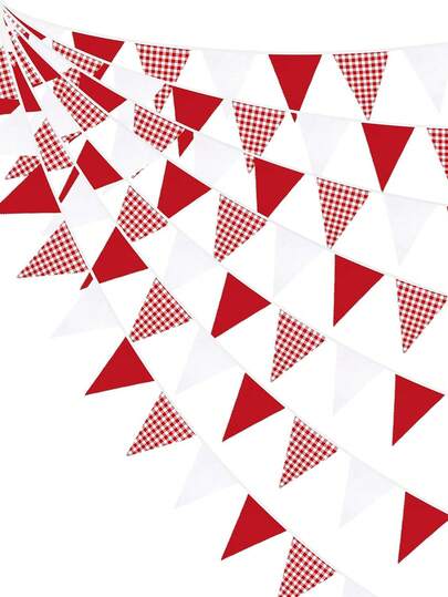 Bộ 3 cờ tam giác trang trí tiệc, dài khoảng 3m (12 lá cờ), dễ treo, chất liệu giấy, phong cách cổ điển retro kết hợp hiện đại, phối màu đỏ trắng tương phản và họa tiết kẻ caro đơn sắc, tạo không khí lễ hội, dây cờ trang trí tiệc, thích hợp trang trí ngày Quốc khánh, tiệc sinh nhật, dã ngoại ngoài trời, họp mặt gia đình dịp lễ.