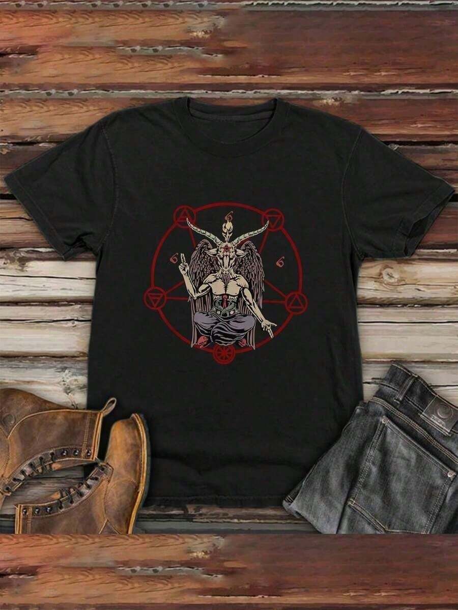 Camisetas de Manga Corta para Hombre con Diseños Retro del Pentagrama de Baphomet para Primavera y Verano - Negro - Ver 1