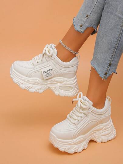 Women's Platform Sneakers, Casual Sports Style Lace-Up Thick Sole Slimming Fashion Versatile Elevator Shoes For Petite