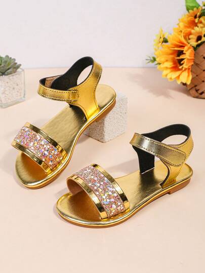 1 Pair Gold Toddler/Little Girls' Flat Sandals, Shiny Colorful Sequin Leather Strap, Classic Adjustable Buckle Closure, Round Toe, Non-Slip, Fashion Luxury Cute Roman Sandals, Suitable For 3-12 Years Old Girls, Daily, Casual, Party, Holiday, Spring/Summer 2026