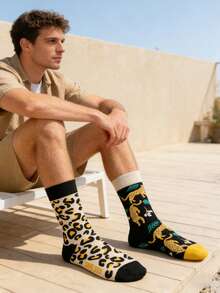 1 双男女通用豹纹图案中筒袜，适合所有季节 - 彩色 - 查看 7