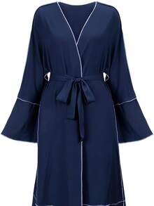Ramadan Contrast Trim V-Neck Belted Abayas, Elegant Flare Sleeve Maxi Length Dress, Women's Clothing - Royal Blue - View 1