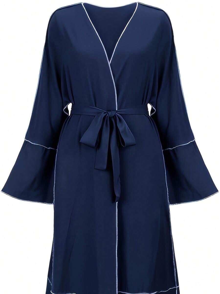 Ramadan Contrast Trim V-Neck Belted Abayas, Elegant Flare Sleeve Maxi Length Dress, Women's Clothing - Royal Blue - View 1