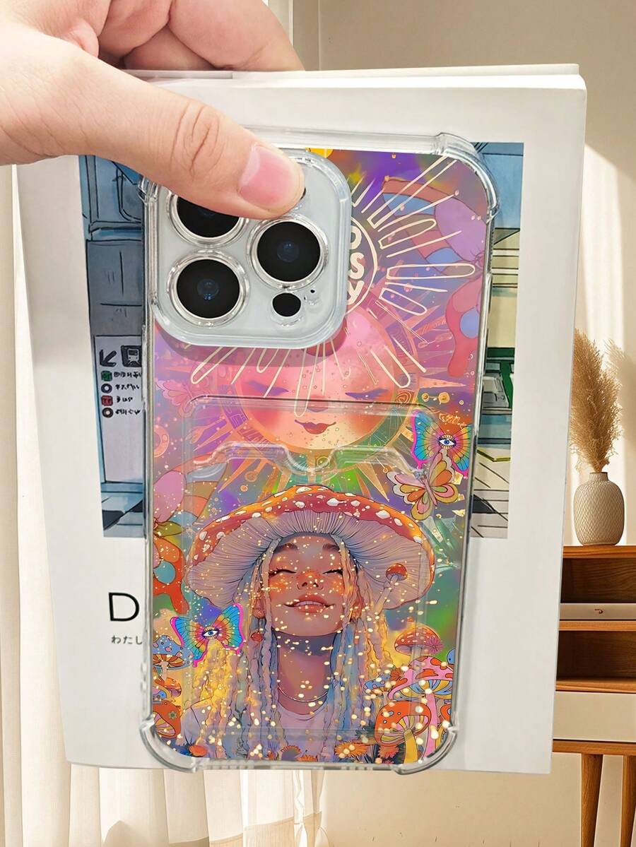 1PC Diseño artístico y onírico con chica de setas, sol y mariposas en estilo bohemio psicodélico: Funda transparente tipo billetera, protección completa para la cámara, compatible con iPhone 17/16/15/14/13/12/11/Pro/ProMax, compatible con Galaxy A54/S24 Ultra/Plus, compatible con Moto/Galaxy/Redmi/Honor/OPPO, a prueba de golpes y almacenamiento, diseño minimalista - transparente - Ver 1