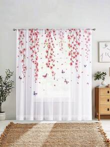 1PC Romantic Cherry Blossom 2D Printed Curtains, Fresh Pink Butterfly Pattern Curtains - Multicolor - View 17