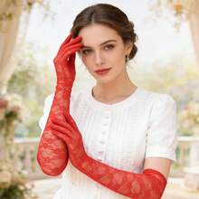 Elegant Printed Lace Trim Mid Length Gloves, Thin Breathable Summer Formal Gloves, Sun Protection Arm Sleeves For Bride Wedding Vacation Daily Driving - 22cm Black - View 2