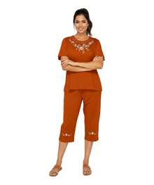 Women Short Sleeves Embroidered Cotton Blend Lounge Wear  Sets - Pepaya - View 1