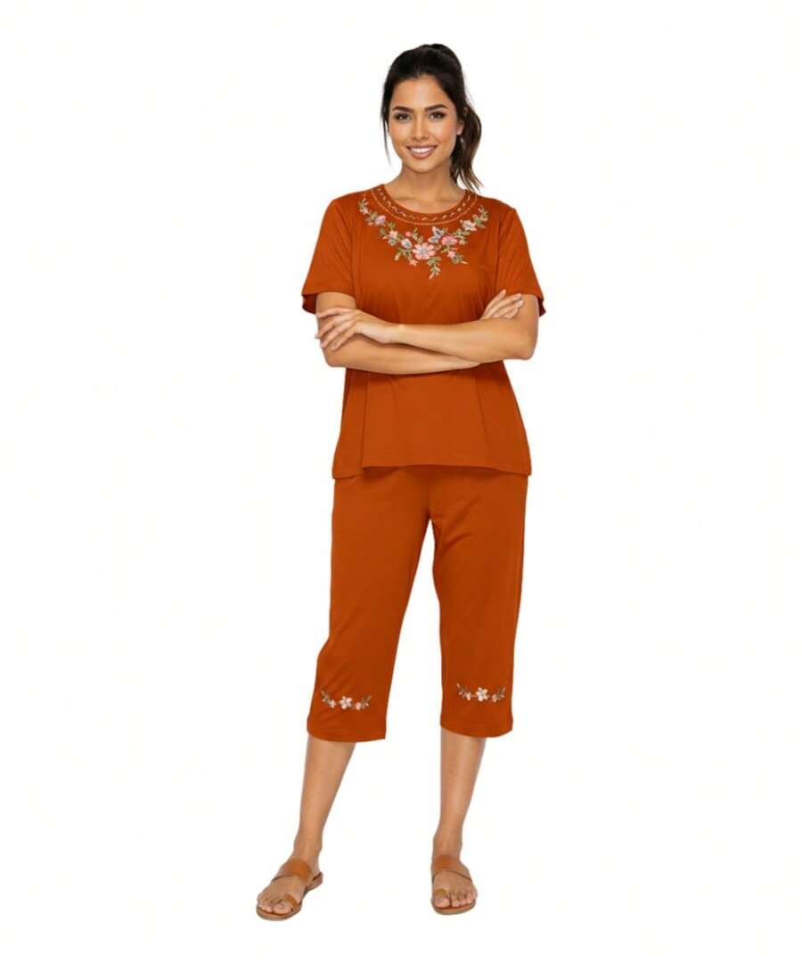 Women Short Sleeves Embroidered Cotton Blend Lounge Wear Sets - Pepaya - View 1